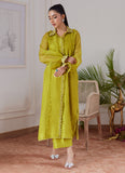 Farah Talib Aziz Faustine Kiwi Embroidered Raw Silk Shirt Luxe Luna Eid Prets 2024