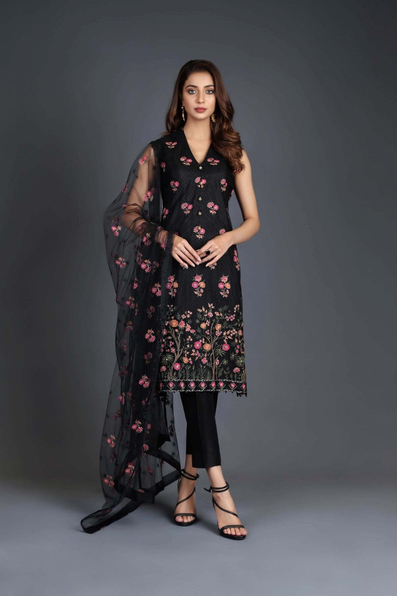 Bareeze Vintage Botanical Ch2979 Black Dress